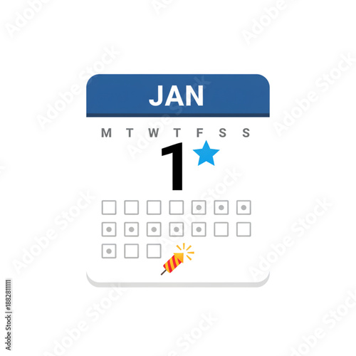 january 1st calendar page with star and firework icon for new year celebration on transparent background