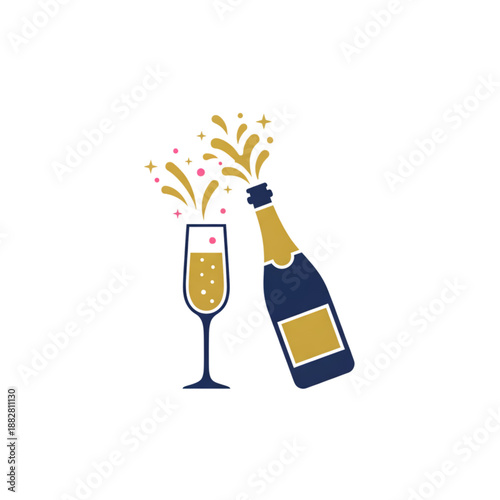 champagne bottle popping with glass and sparkles for toast celebration on transparent background