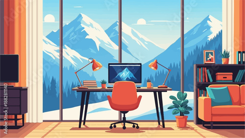 Cozy pixel art workspace with computer, plants, and snowy mountain view
