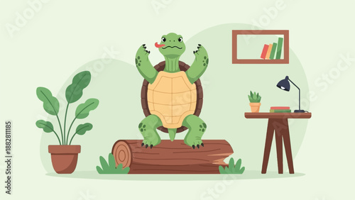 Cute cartoon turtle sticking its tongue out sitting on a log