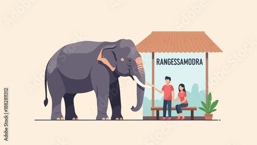 Elephant and people at a bus stop with the word Rangessamodra