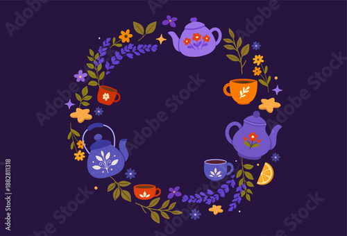 Tea wreath frame with teapots, cups, citrus, cinnamon and leaves on dark background. For posters, invitations, stickers, web banners.
