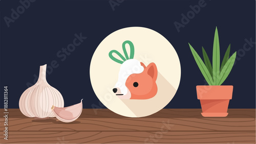 Cute cartoon-style animal, garlic, and potted plant on wooden surface