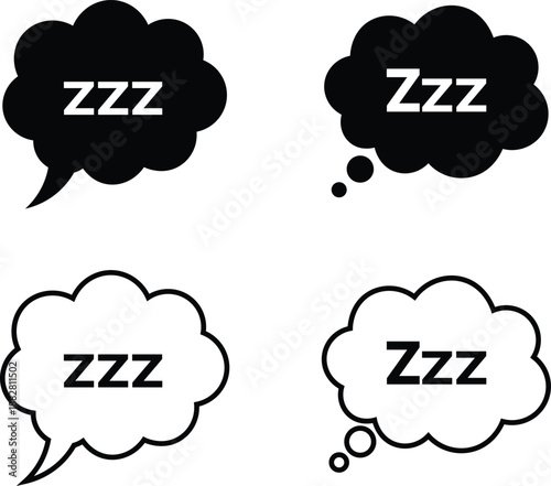 Four speech bubbles with Zzz text black and white thought bubble sleep