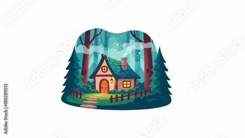 Cozy cottage nestled in a mystical, glowing forest with tall trees