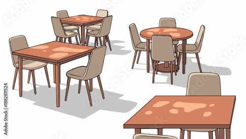 Dining tables and chairs arranged in an indoor or outdoor setting