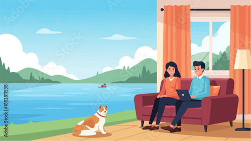 Couple with dog relaxing by lake, working on laptop