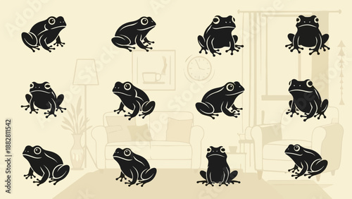 Eleven dark silhouettes of frogs are scattered across a light beige interior scene
