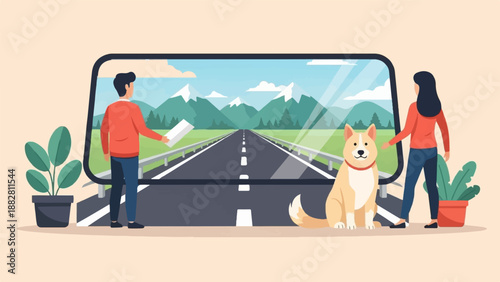 Digital window showing a road, mountains, and two people with a dog