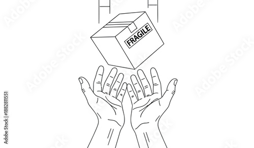 Fragile box hovers above cupped hands conveying caution and careful handling