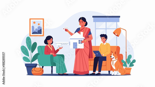 Family receiving a house model and key in a cozy living room