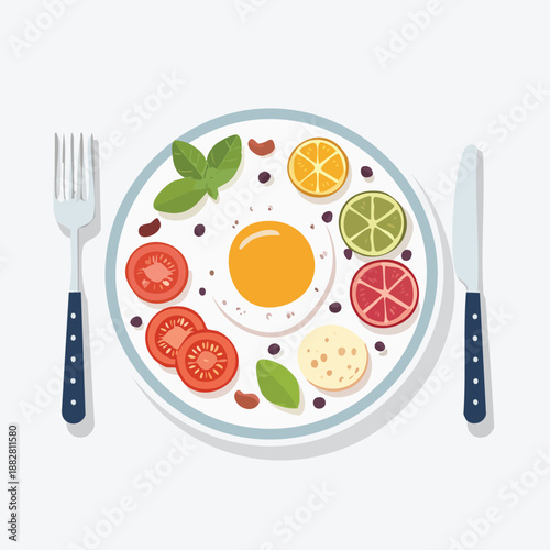 A delicious breakfast plate with egg, fruits, and vegetables served with cutlery on a clean white background from a top view.