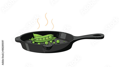 Delicious fresh green peas gently simmering in a sleek cast iron skillet creating a delightful healthy meal preparing for a nutritious dinner option