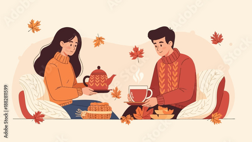 Cozy couple enjoys warm drinks and snacks amidst falling autumn leaves