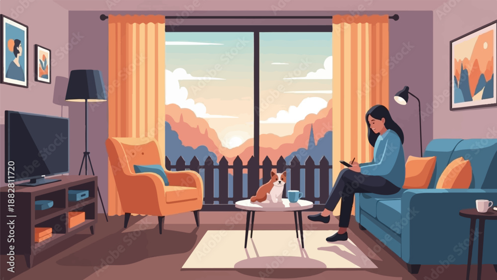 Fototapeta premium Cozy room with girl and dog by window at sunset