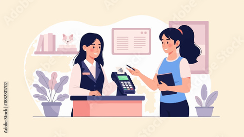 Employee assisting customer with contactless payment at checkout counter