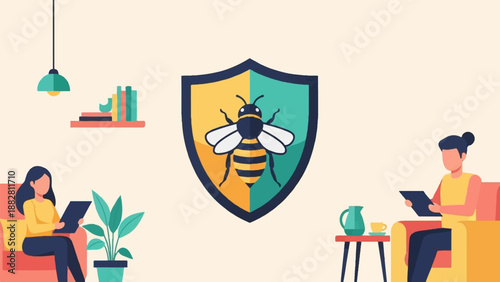 Diverse people reading indoors, a bee shield emblem, and home decor elements