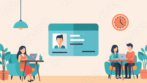 Employees at work with ID card and clock on wall