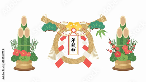 Festive Japanese New Year decorations with bamboo, pine, and plum blossoms