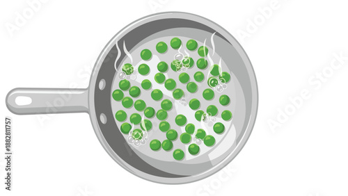 Fresh green peas gently simmering in a sleek silver pan, creating a delicious and wholesome culinary scene with visible steam and bubbling liquid