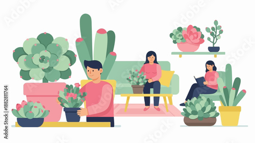 Diverse people tending to and enjoying potted plants indoors