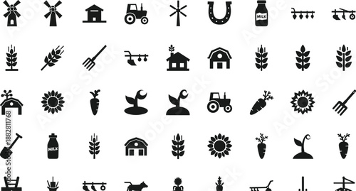 Agriculture and farming icon set featuring tractors crops barns tools milk harvest symbols for rural agribusiness, organic food production, farm equipment vector illustration collection