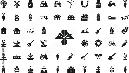 Agriculture farming icon set with tractors crops barns tools and harvest symbols for rural agribusiness, organic food, farm equipment design vector illustration collection
