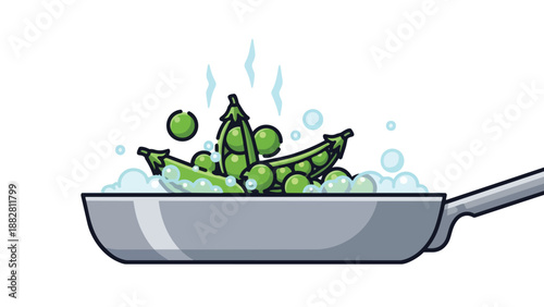 Fresh green peas boiling in a pan with bubbling water and rising steam a vibrant culinary illustration depicting healthy food preparation for