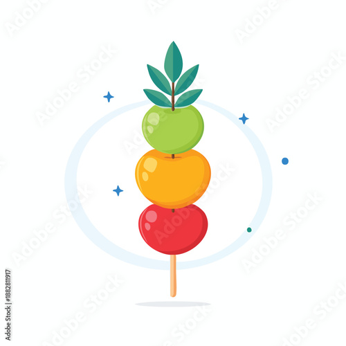 Colorful fruit skewer with varied round fruits on a stick, showcasing vibrant colors and textures in a simple illustration style