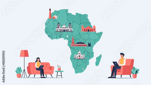 Diverse African landmarks illustrated over continent map with people working remotely