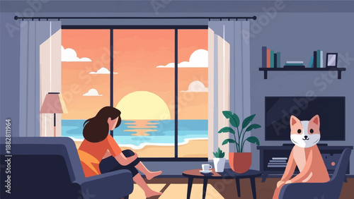 Cozy room with person and dog overlooking ocean sunset
