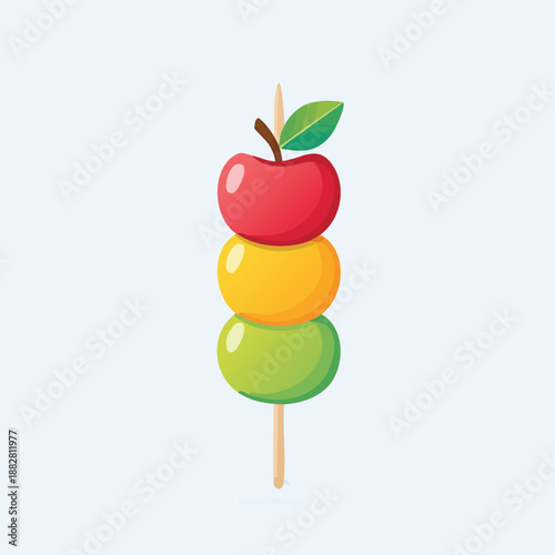 A colorful illustration of a fruit skewer featuring an apple, orange, and lime, arranged vertically on a stick