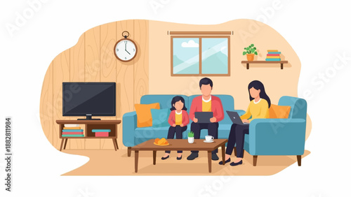 Family relaxing at home with technology and leisure items
