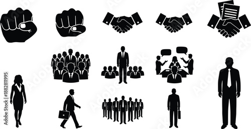 Business people silhouette icons set showing teamwork leadership handshake meetings communication and corporate management concepts for office presentations and vector design isolated 