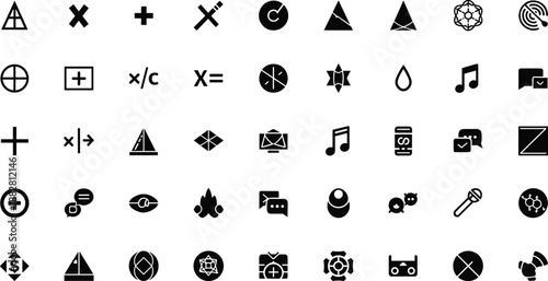 Abstract black interface icons set with mathematical symbols media communication and technology glyphs for web app dashboard software UI design isolated on white background