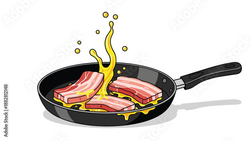 Vibrant cartoon illustration of sizzling bacon cooking in a hot pan with dynamic oil splashes creating a lively culinary scene