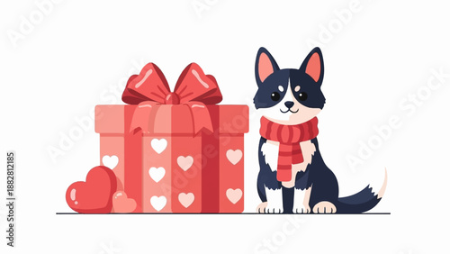 Cute dog in red scarf beside heart-covered gift box and heart