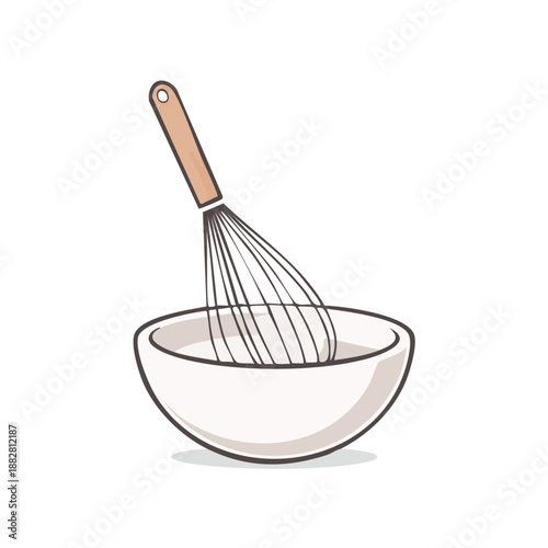 A whisk resting in a bowl, viewed from the side, in a simple illustration style