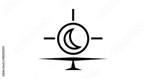 Black and white crescent moon symbol on a balance scale with lines representing harmony and equilibrium in a minimalist design