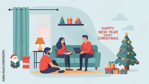 Cozy holiday gathering friends enjoy Christmas, laptop use, gifts, and tree