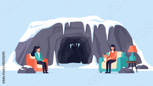 Cozy scene inside a cave with people and a dog, surrounded by snow