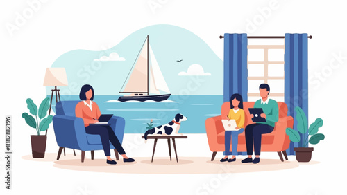 Family relaxing indoors with a view of a sailboat and sea