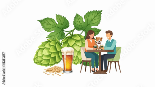 Couple with dog enjoys drinks near hops and barley at a table