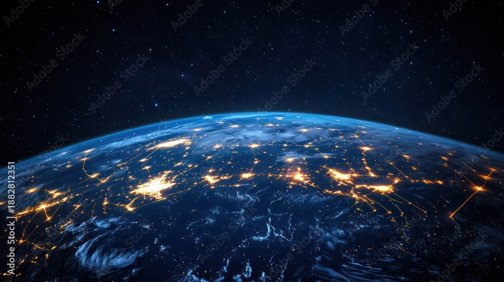 Obraz premium Stunning view of Earth from space showcasing city lights and dotted with stars under a dark night sky emphasizing global connectivity and cosmic beauty