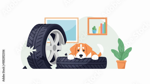 Cute dog plays inside a damaged tire in a room
