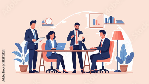 Diverse professionals collaborate around a desk in an office setting