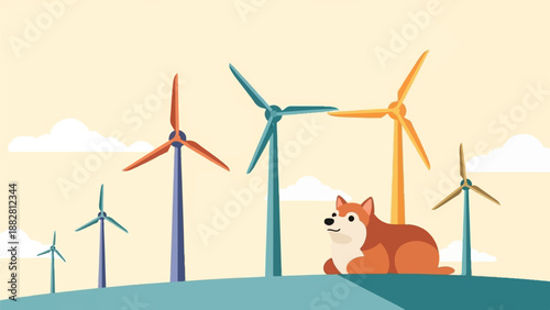 Cute dog sits near colorful wind turbines under a soft yellow sky