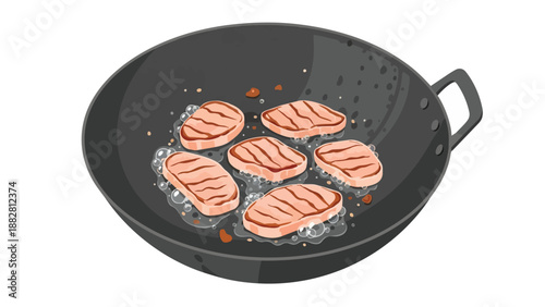 Sizzling meat cutlets cooking in a non-stick pan with grill marks showing delicious meal preparation
