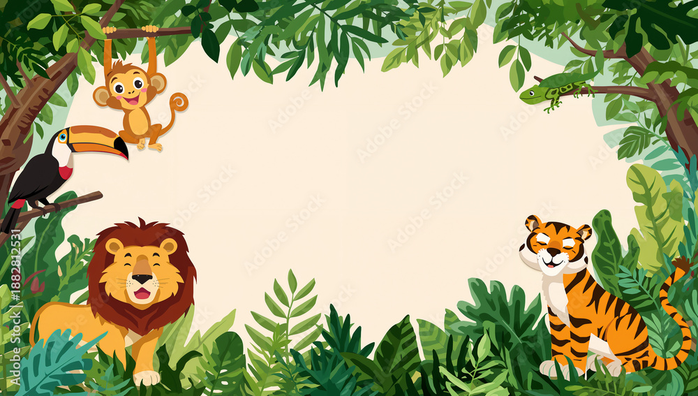 Obraz premium Cute jungle animals in a lush green forest setting with copy space
