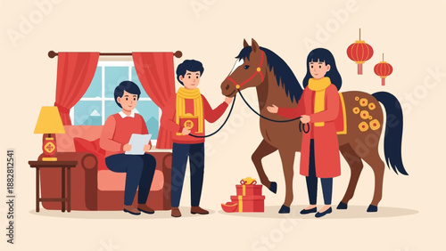 Festive scene with a horse, people, gifts, and lanterns